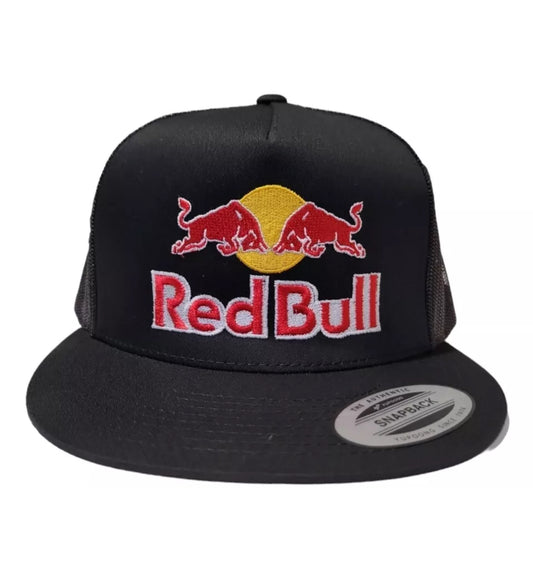 Red Bull Black Flat Bill Trucker Cap Yupoong Vtg Retro Black snapback OSFM