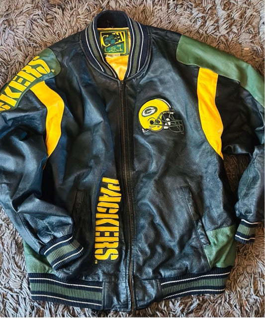 Men's Carl Banks Green and Yellow Leather Bomber Jacket Size XL