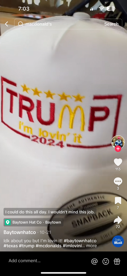 Donald Trump 2024 Hat MAGA Mac Donald’s I’m Lovin It - Limited Edition TF