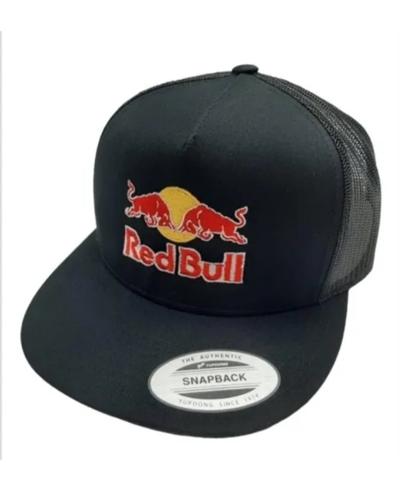 Red Bull Black Flat Bill Trucker Cap Yupoong Vtg Retro Black snapback OSFM